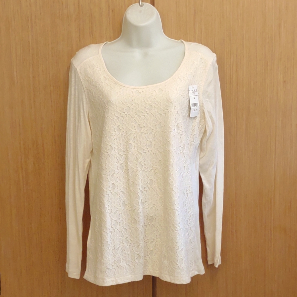 NWT Eddie Bauer SZ M LS Lace Front Ivory Top